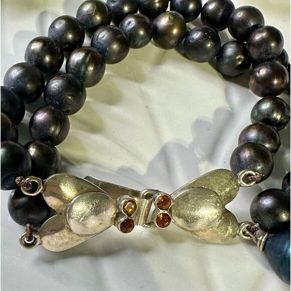 Vintage Venetian Peacock Pearls Bracelet VTG 925 Silver Clasp w/ 4 Genuine Topaz - Picture 2 of 10